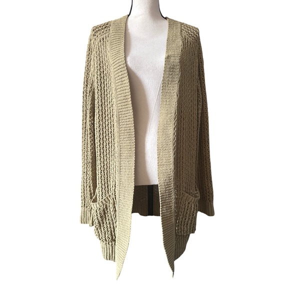 Womens Open Front Knit Cardigan Light Khaki Textured Pockets Long Sleeve XL - Picture 2 of 9